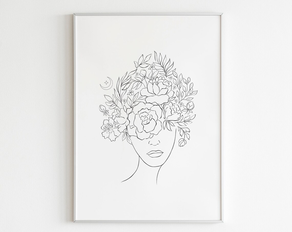 Flower Girl Peony Crown Crescent Moon Line Art Celestial Woman Poster