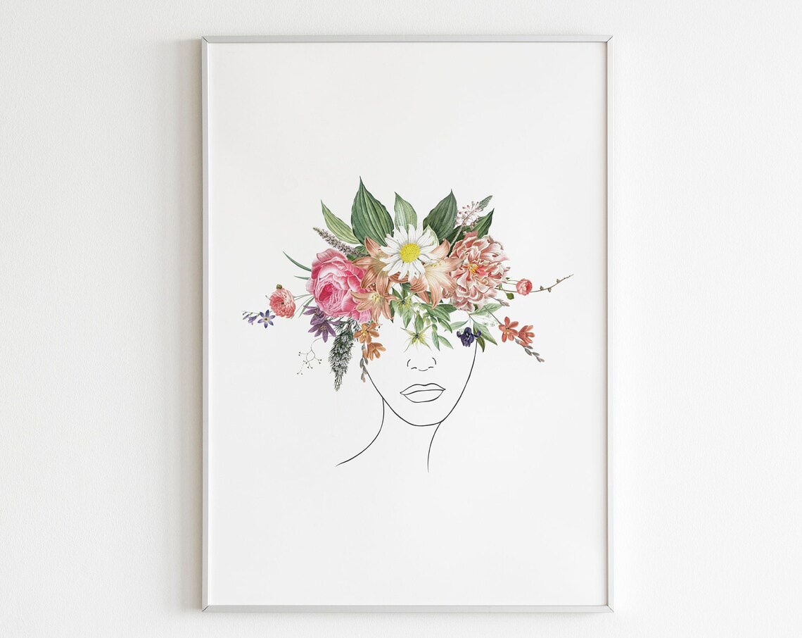Flower Girl Floral Crown Woman Portrait Botanical Line Art Poster
