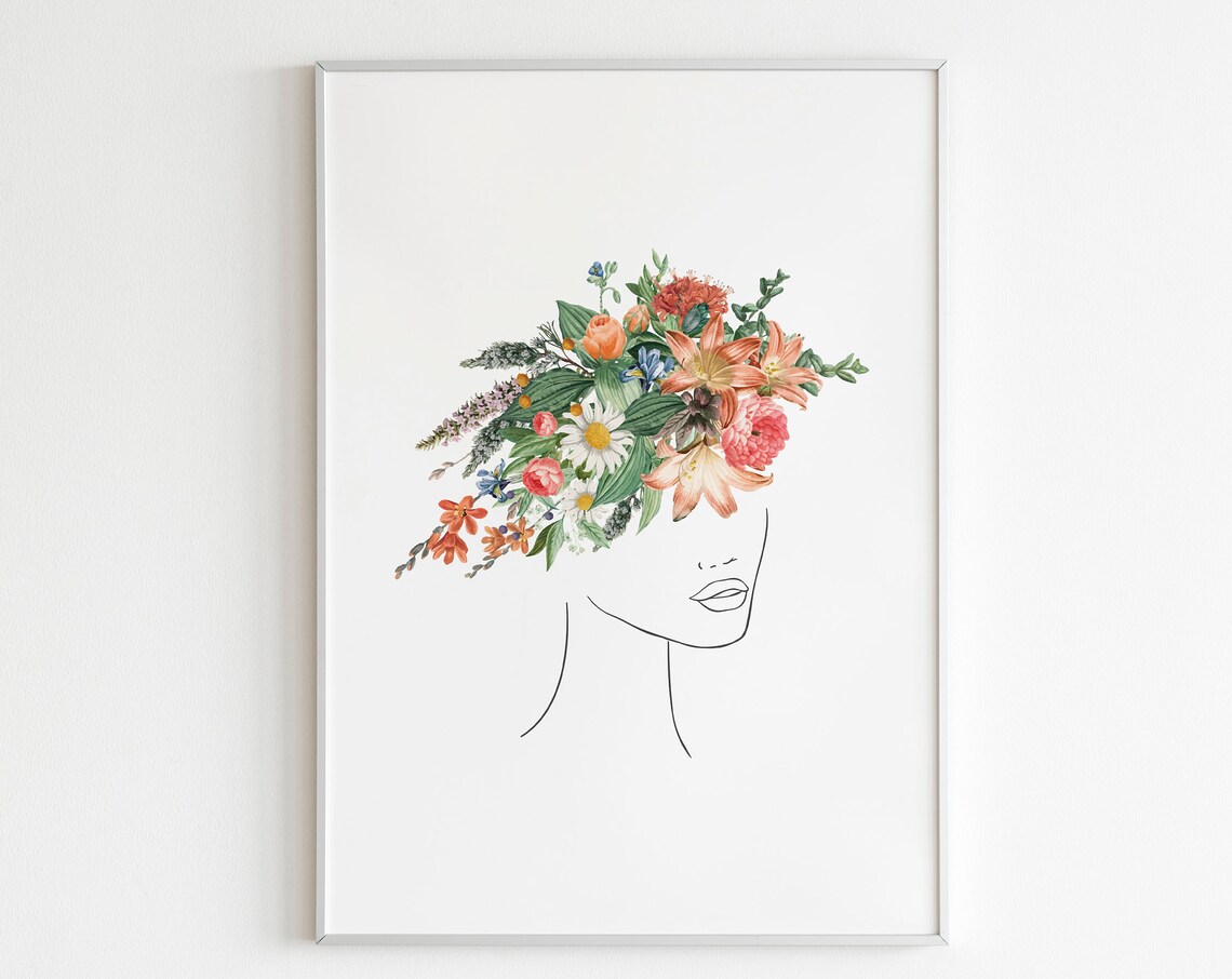 Flower Girl Line Art Wildflower Hair Botanical Woman Profile Poster