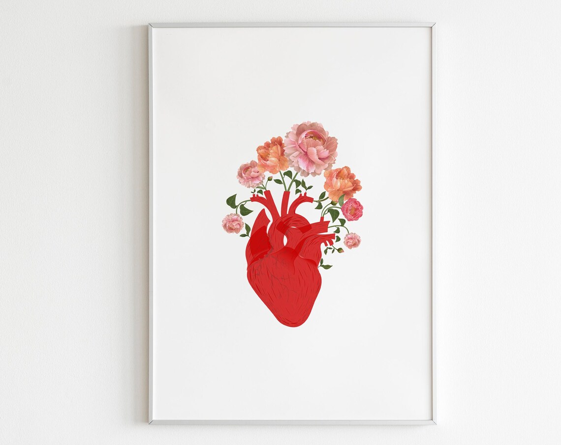 Blooming Anatomical Heart Floral Pink Blossoms Medical Decor Poster