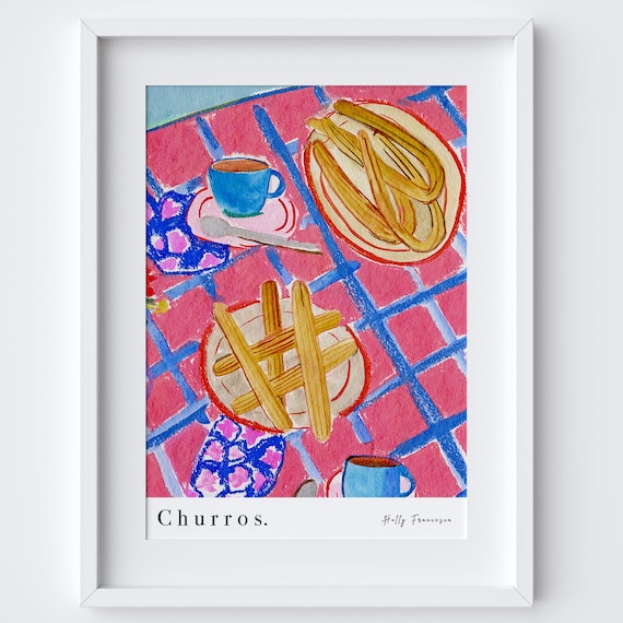Churros Spanish Table Coffee Colorful Pastel Kitchen Art Poster