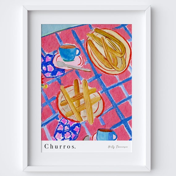 Churros Spanish Table Scene Art Print Watercolour Pastel Poster Kitchen Spain Traditional Breakfast Snack Food