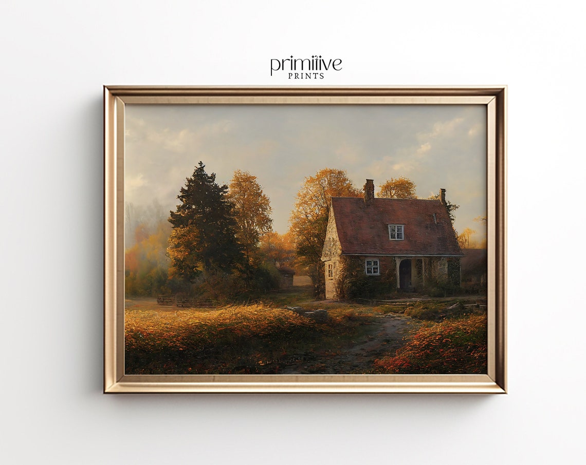Rustic Cottage Among Autumn Trees Golden Evening Landscape Poster