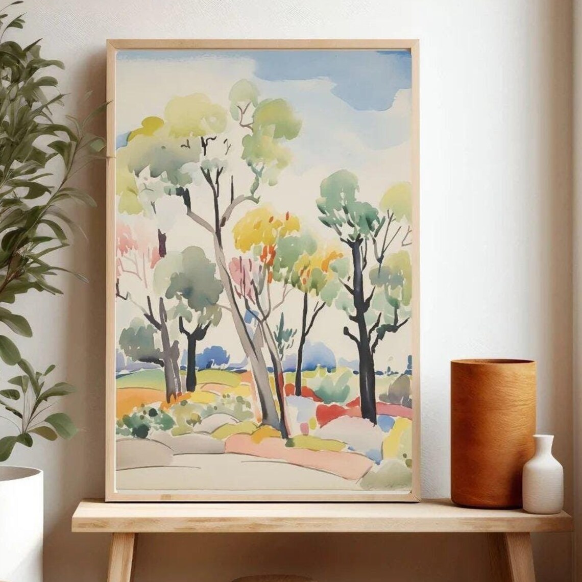 Vibrant Eucalyptus Tree Watercolor Landscape Colorful Modern Poster