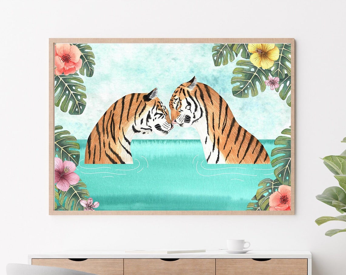 Tigers Tropical Art Print, Jungle Safari Poster