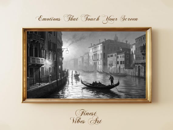 Black White Venice Canal Art For Samsung Frame Tv Gondola Vintage Cityscape Italian Waterfront
