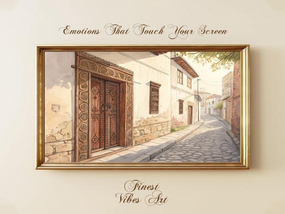 Historic Stone Street Watercolor For Frame Tv Rustic Mediterranean Doorway Art Old Town Architecture
