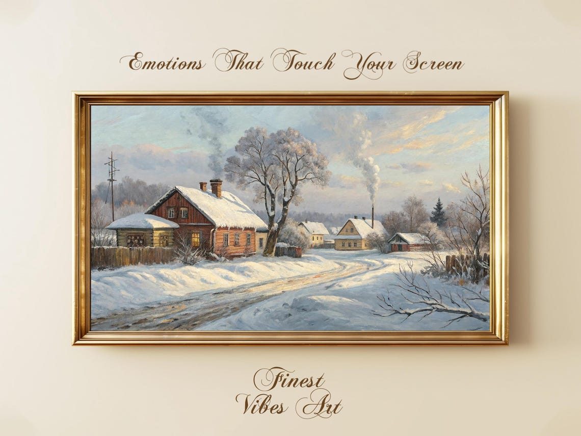 Cozy Winter Village Snow Cottages Chimney Smoke Painting Art Print