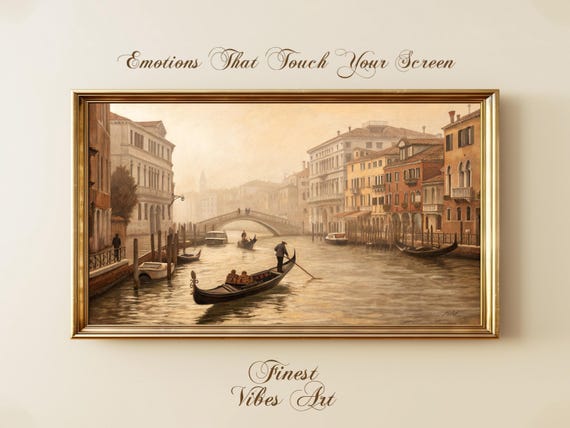 Sepia Venice Canal Art For Samsung Frame Tv Gondola Oil Painting Vintage Italian Cityscape