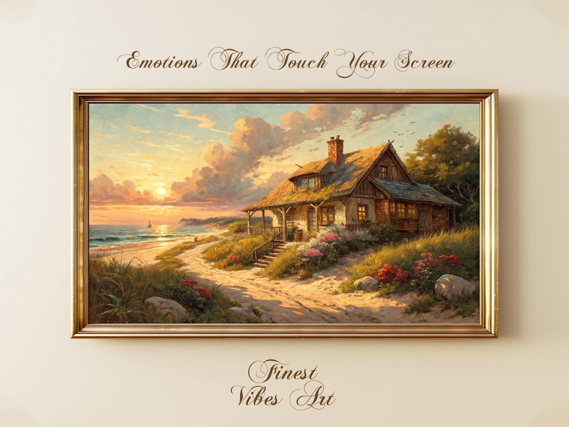 Seaside Cottage Sunset Art Print, Coastal Vintage