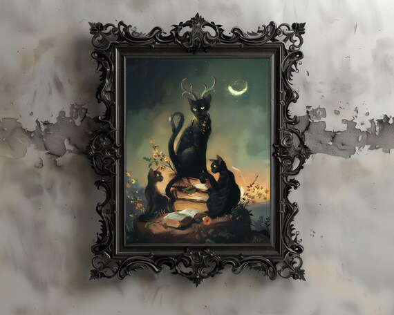 Witchy Black Cat Art Print Antlered Familiar Dark Academia Pdf