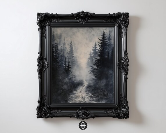 Dark Forest Pine Path Print Gothic Academia Landscape Art Foggy Oil Painting Instant