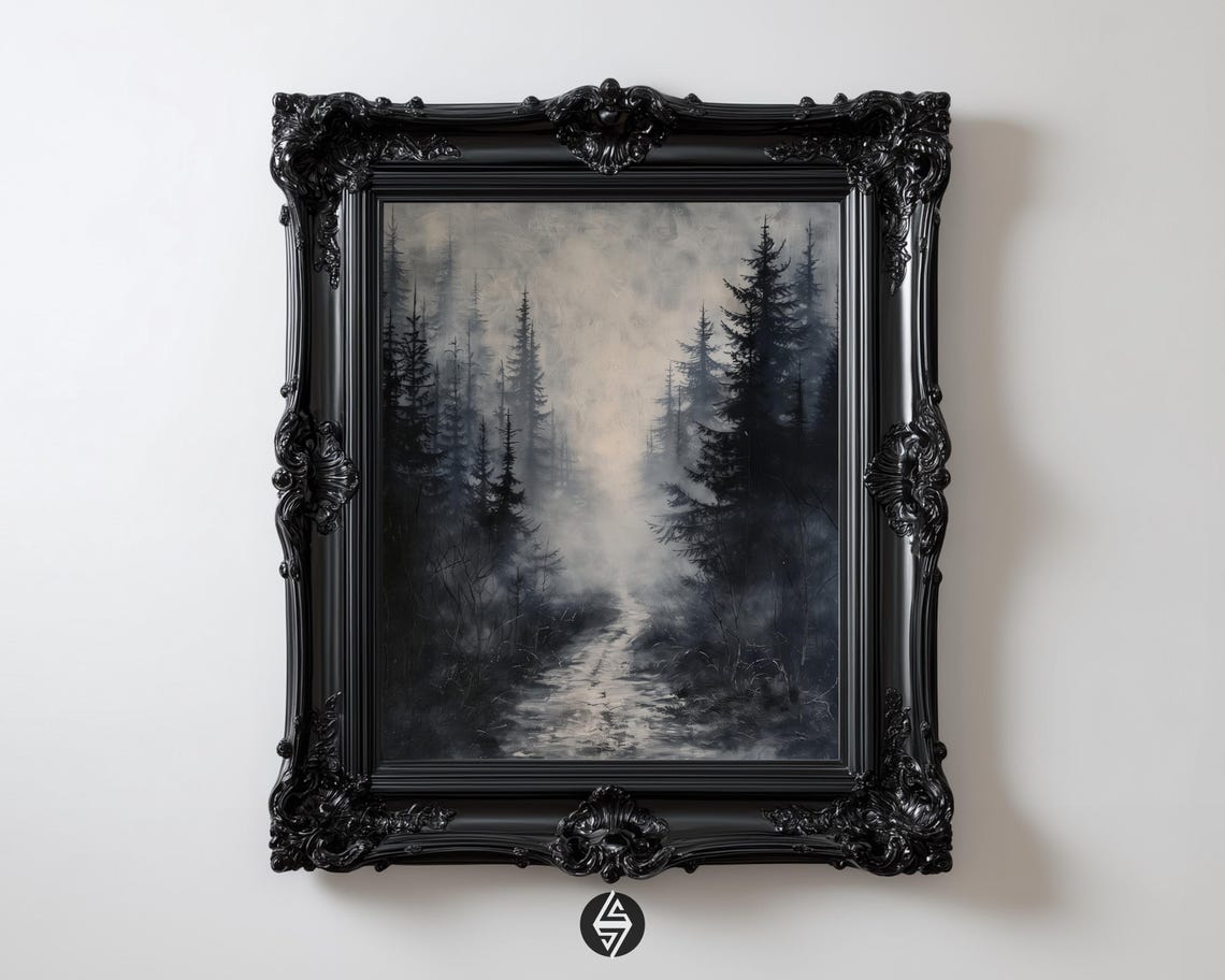 Dark Forest Pine Path Print Gothic Academia Landscape Art Foggy Oil Painting Instant
