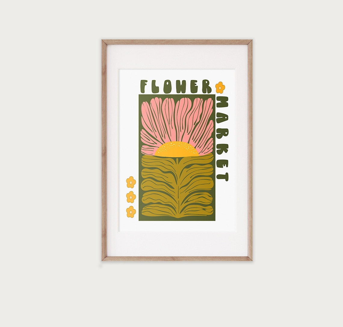 Flower Market Retro Lettering Pink Bloom Golden Sun Boho Poster