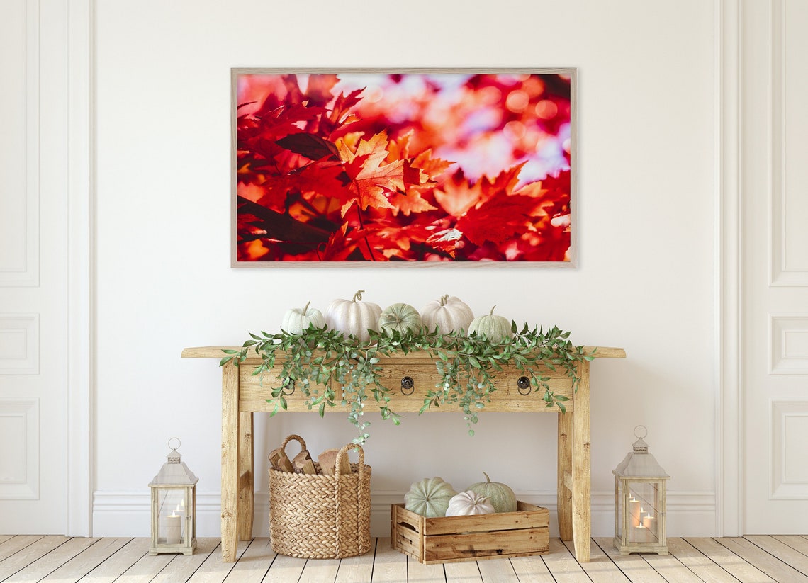 Sunlit Red Maple Leaves Autumn Close Up Frame TV Display Wall Art