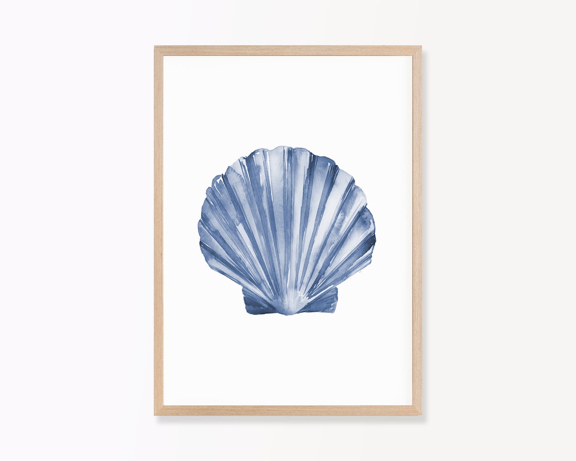Seashell Navy Blue Ocean Nautical Watercolor Art Print