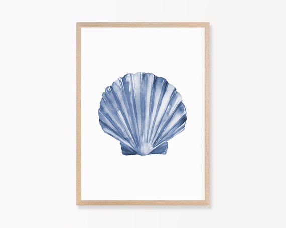 Seashell Navy Blue Ocean Nautical Watercolor Art Print