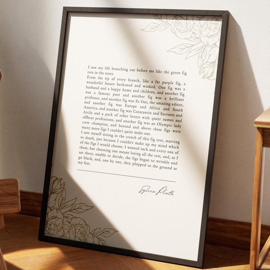 Sylvia Plath Fig Tree Passage Bell Jar Poster Gold Floral Literary