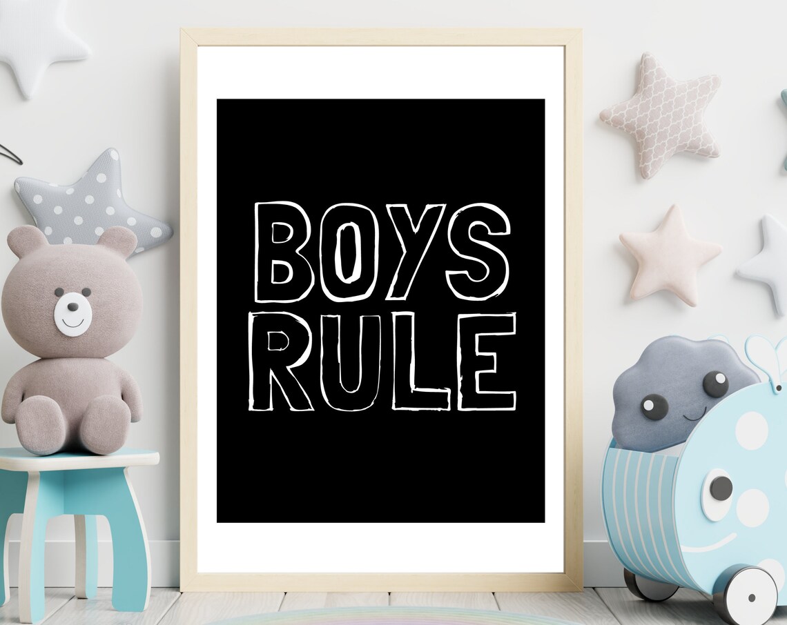 Boys Rule White Outline Black Minimalist Boys Bedroom Poster - Image 2