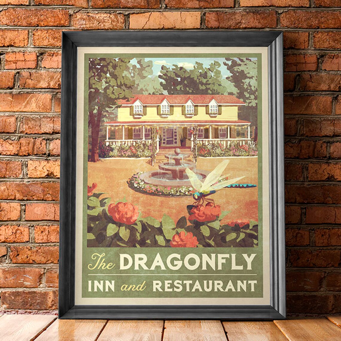 Vintage Dragonfly Inn and Restaurant Garden Fountain Scene Poster