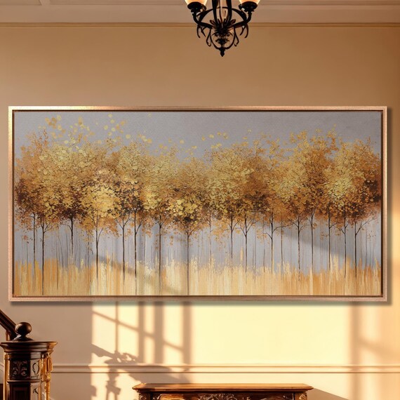 Golden Leaves Tree Forest Wall Art Abstract Autumn Trees Painting Print Luxury Wall Decor Modern Fall Landscape Poster Ready To Hang