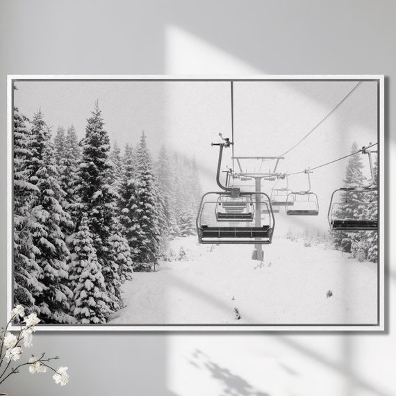 Scenic Ski Lift Print Winter Cable Car Wall Art Snow Covered Spruce Trees Winter Large Wall Art Poster Ski Lodge Decor Skier Gift