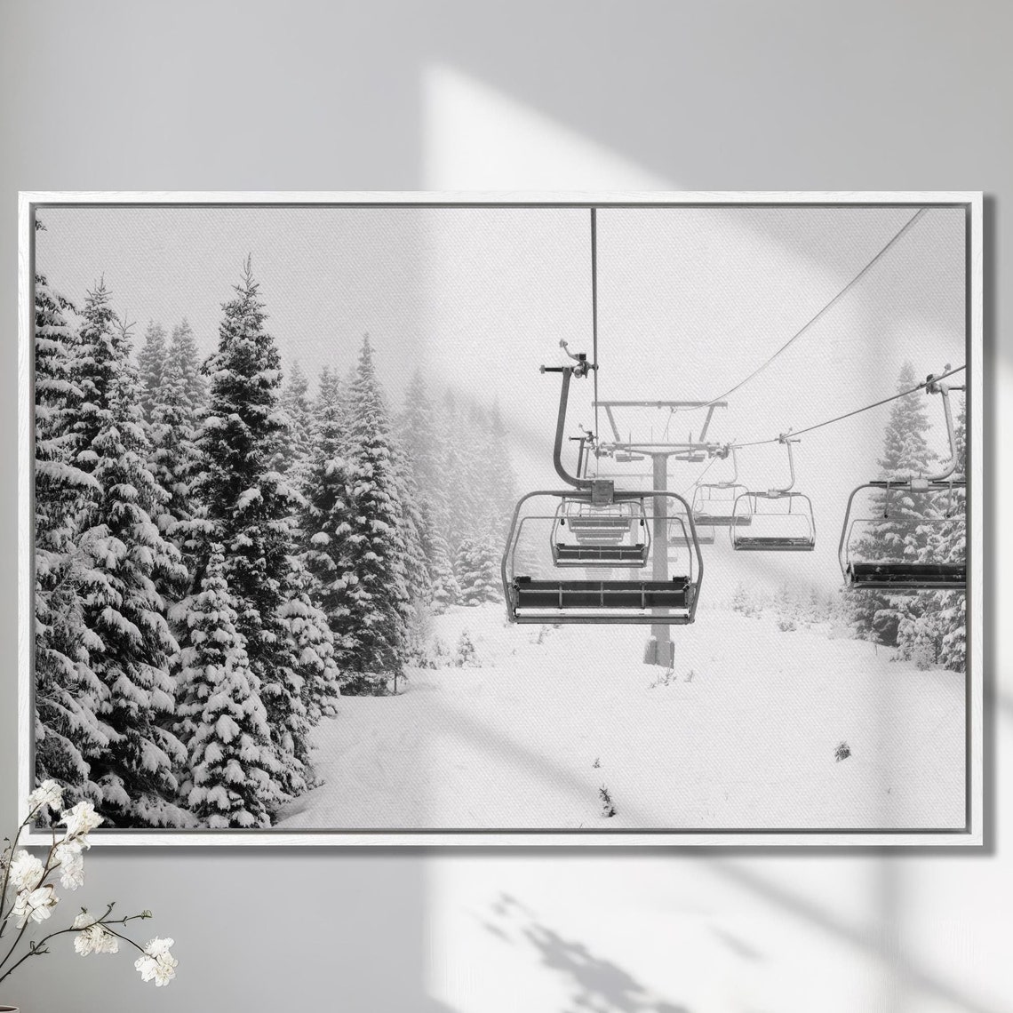 Scenic Ski Lift Print Winter Cable Car Wall Art Snow Covered Spruce Trees Winter Large Wall Art Poster Ski Lodge Decor Skier Gift