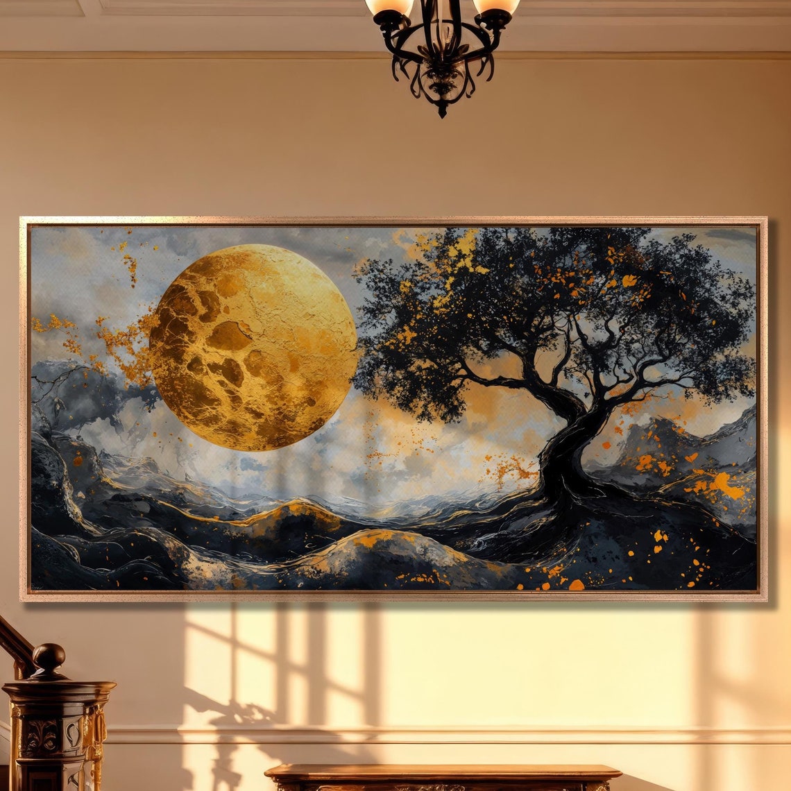 Abstract Golden Moon And Tree Wall Art Surreal Landscape Painting Print Modern Wall Decor Large Nature Art Poster Ready To Hang Gift