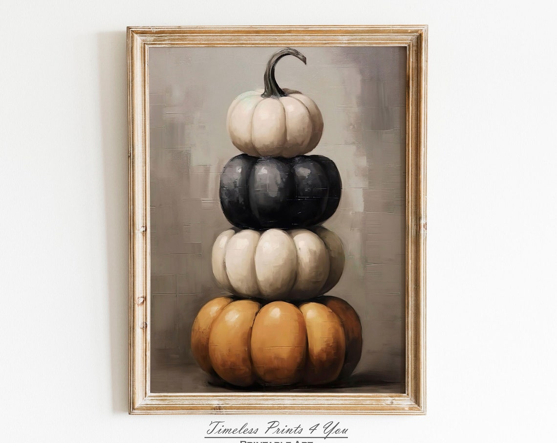 Stacked White Black Orange Pumpkins Fall Painting Rustic Poster