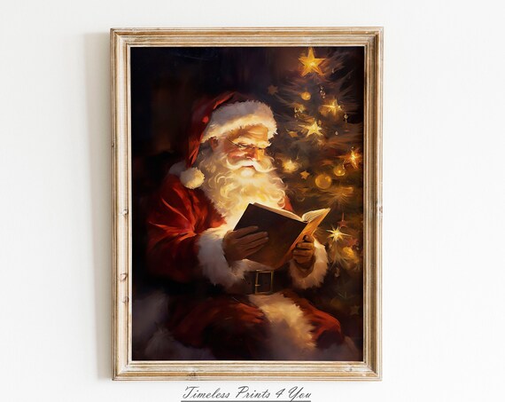 Santa Claus Reading By Christmas Tree Vintage Holiday Print Decor