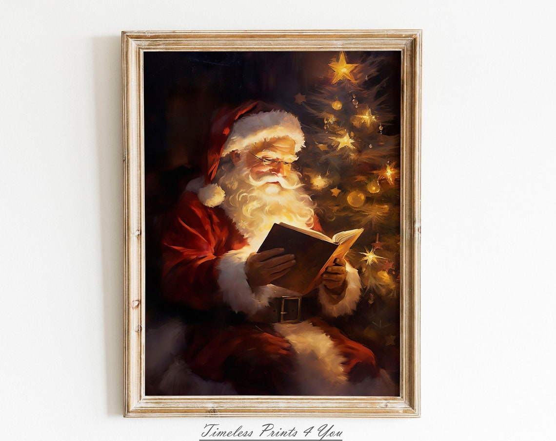Santa Claus Reading By Christmas Tree Vintage Holiday Print Decor