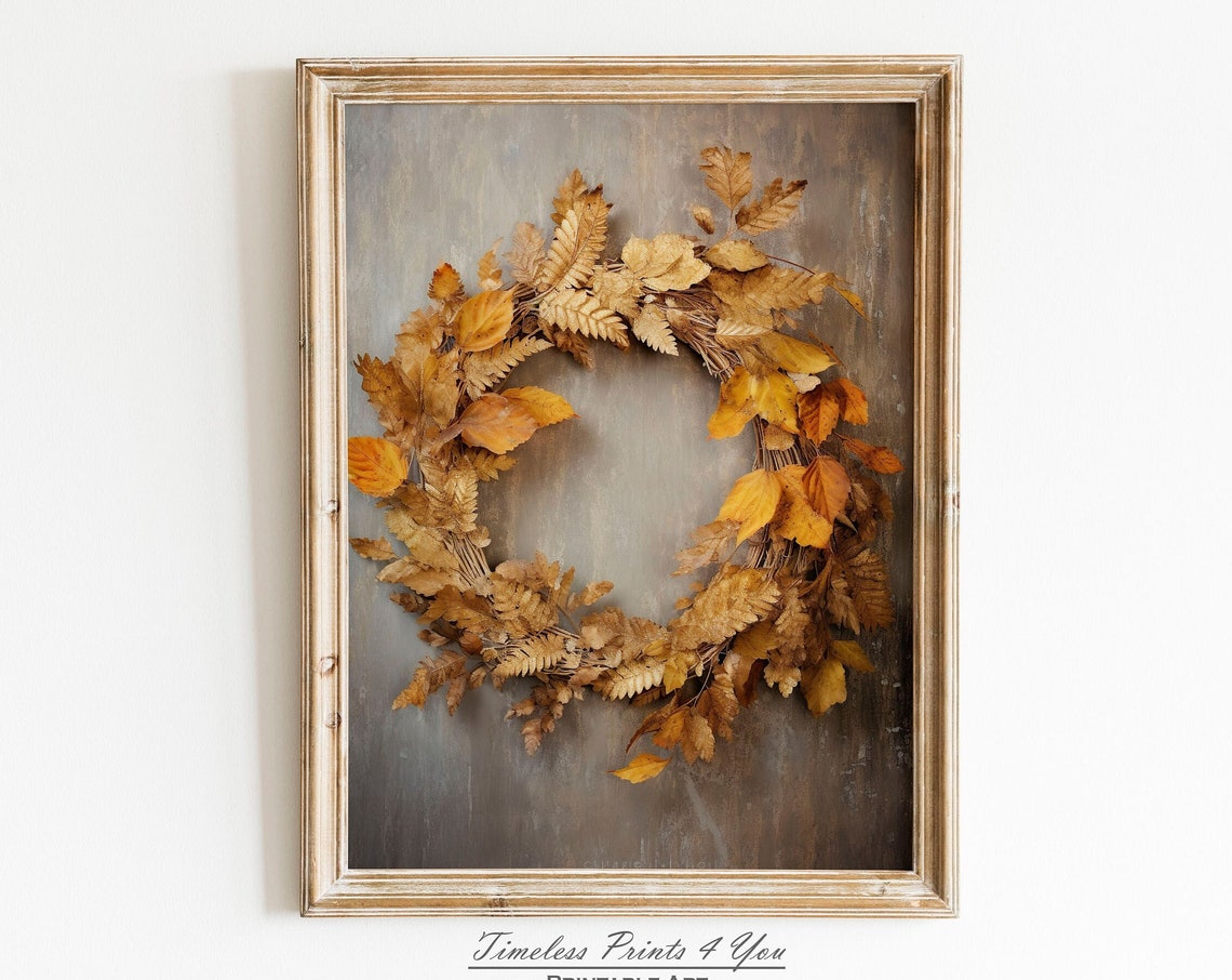 Golden Autumn Leaves Wreath Rustic Fall Decor Painting Poster