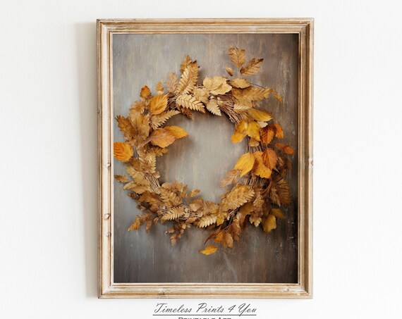 Golden Autumn Leaves Wreath Rustic Fall Decor Painting Poster