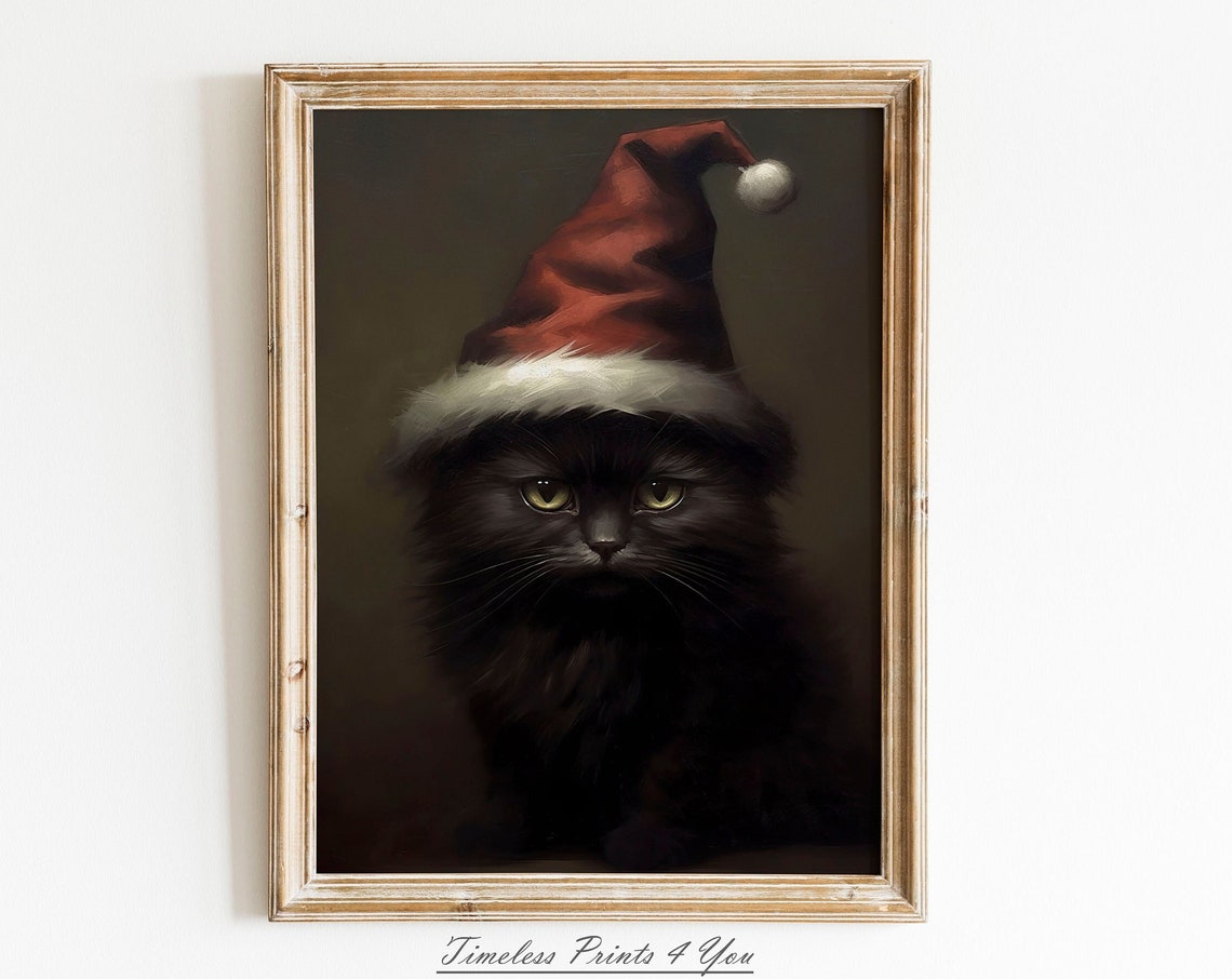 Grumpy Black Cat Santa Hat Moody Christmas Portrait Art Print
