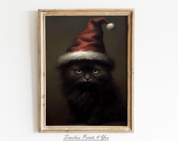 Grumpy Black Cat Santa Hat Moody Christmas Portrait Art Print