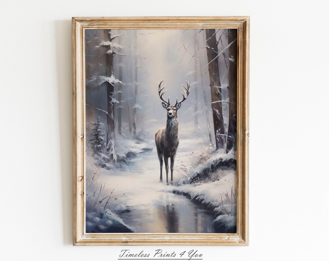 Stag by a Winter Stream Vintage Deer Forest Winter Painting Poster