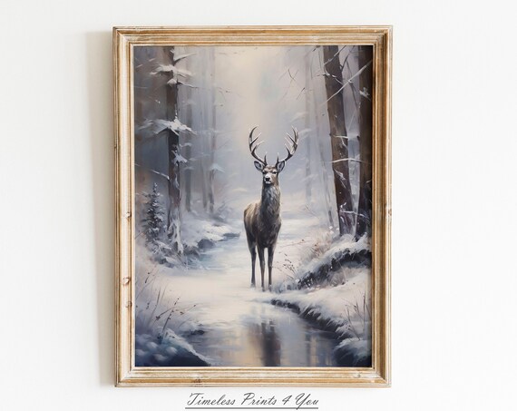 Stag by a Winter Stream Vintage Deer Forest Winter Painting Poster