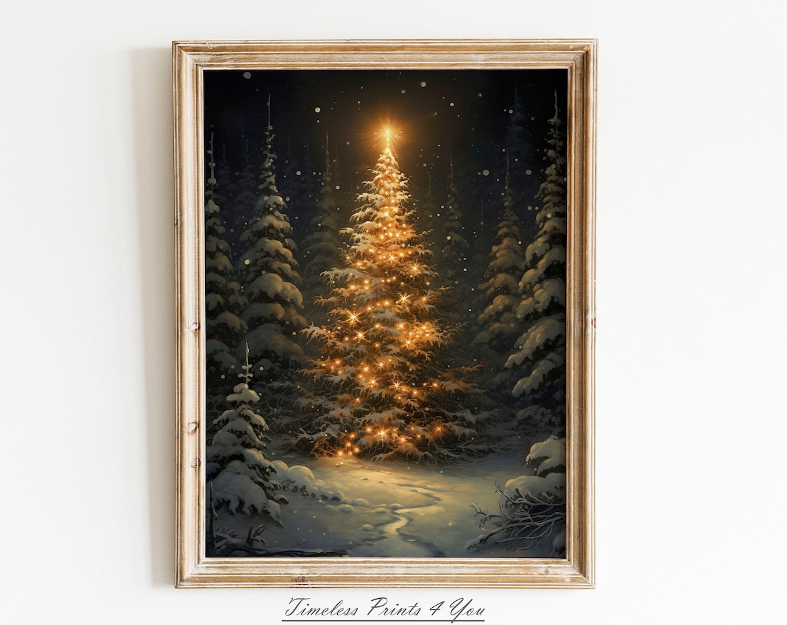 Xmas Tree Christmas Painting, Rustic Vintage Art Print