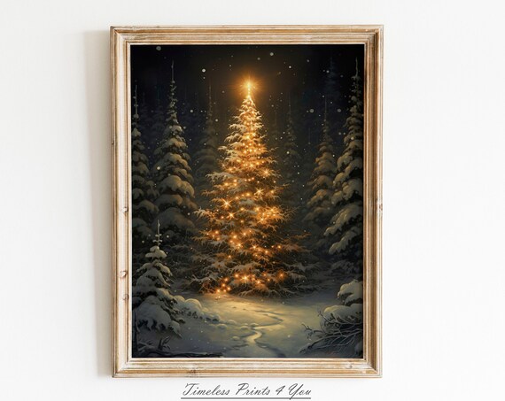 Xmas Tree Christmas Painting, Rustic Vintage Art Print