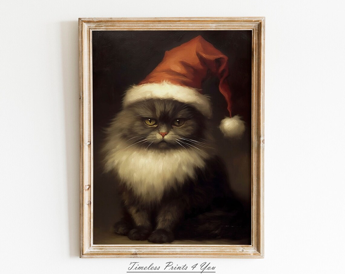Fluffy Grey Cat Santa Hat Vintage Christmas Portrait Art Print