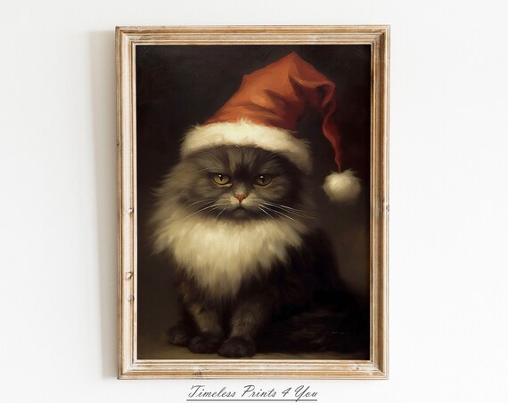 Fluffy Grey Cat Santa Hat Vintage Christmas Portrait Art Print