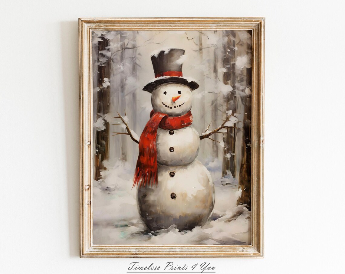 Snowman In Forest Rustic Christmas Art Print
