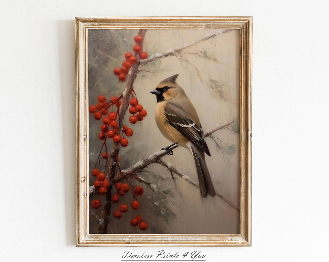 Waxwing Bird Perched on Holly Berries Winter Oil Painting Art Print