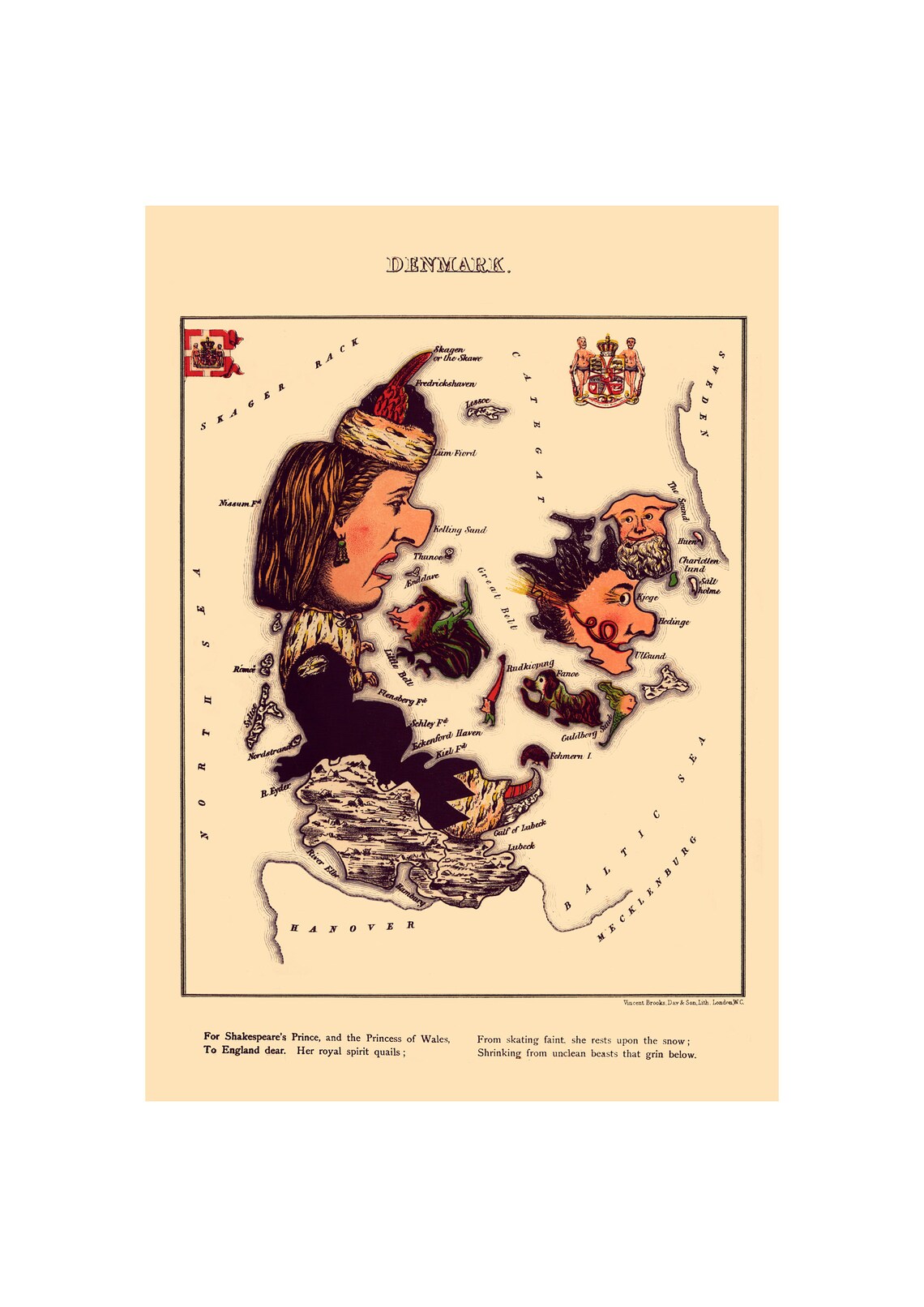 Denmark Victorian Map Antique Lithograph, 1868