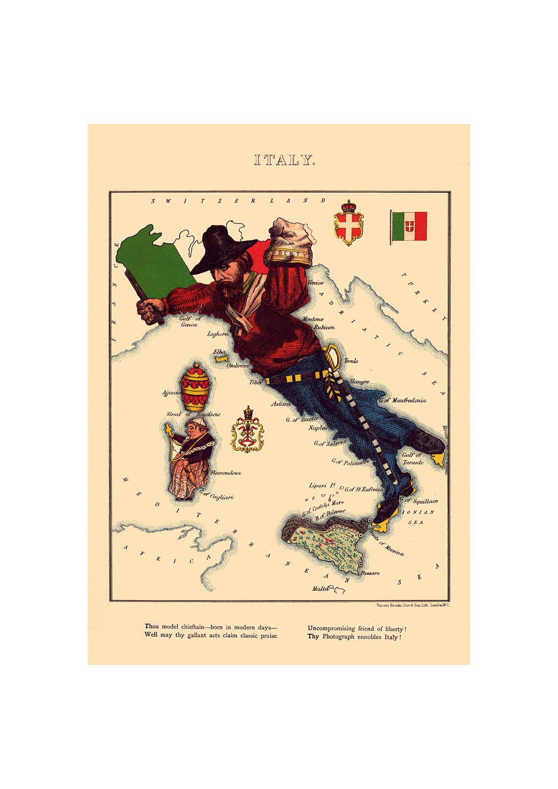 Comic Map of Italy Garibaldi Soldier 1868 Victorian Caricature Poster