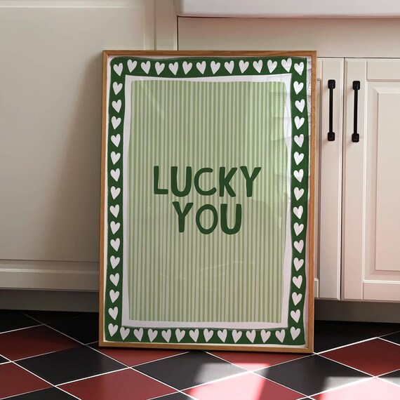 Lucky You Green Heart Border Stripe Preppy Wall Decor Poster