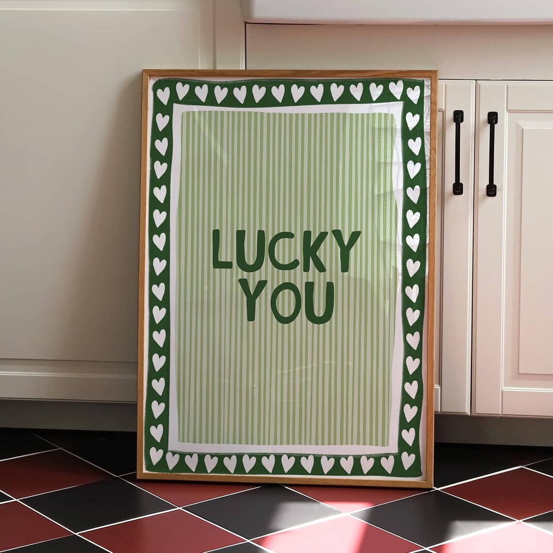 Lucky You Green Heart Border Stripe Preppy Wall Decor Poster