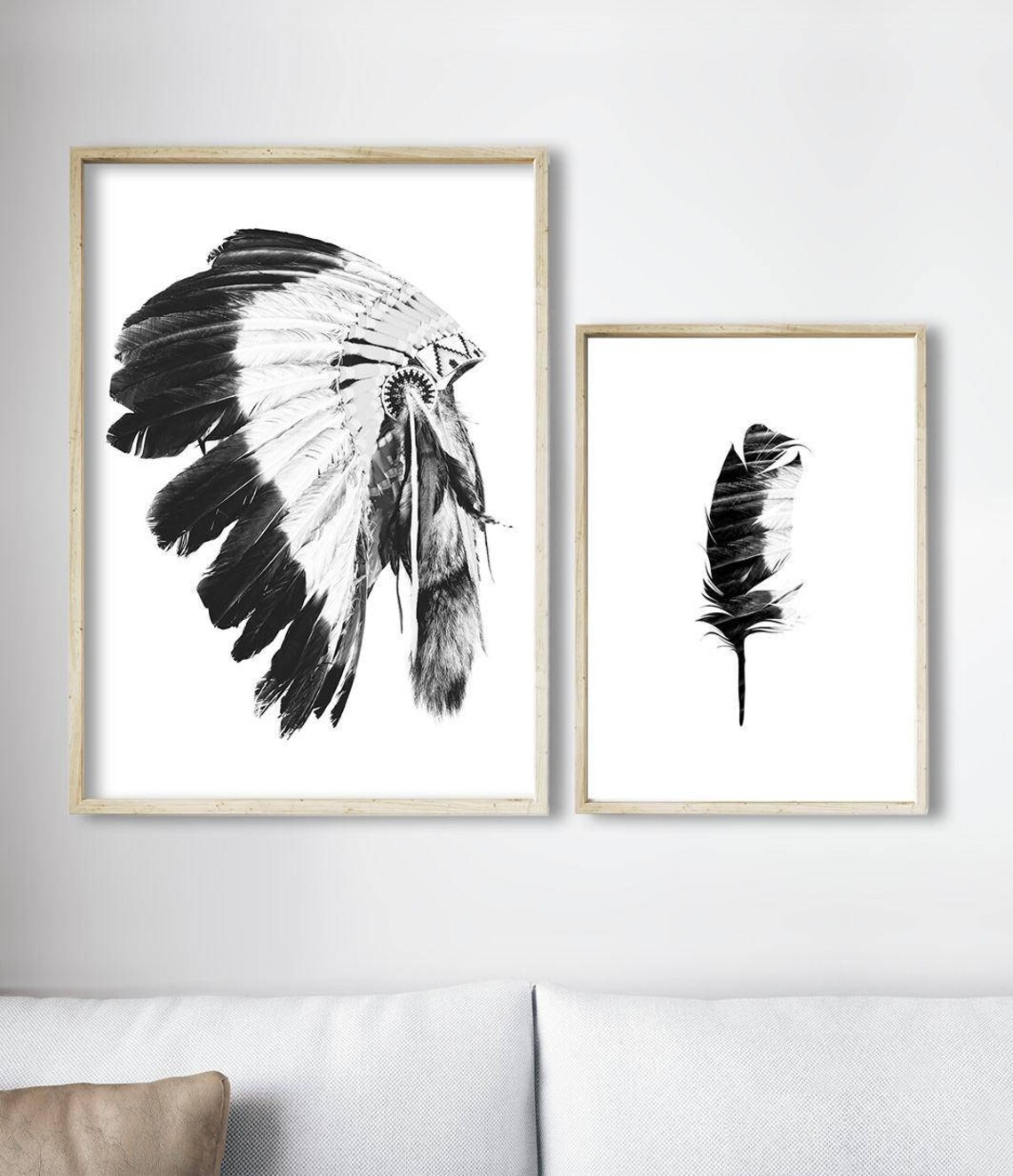 Boho Feather Art Print, Black and White Tribal Decor - Image 2