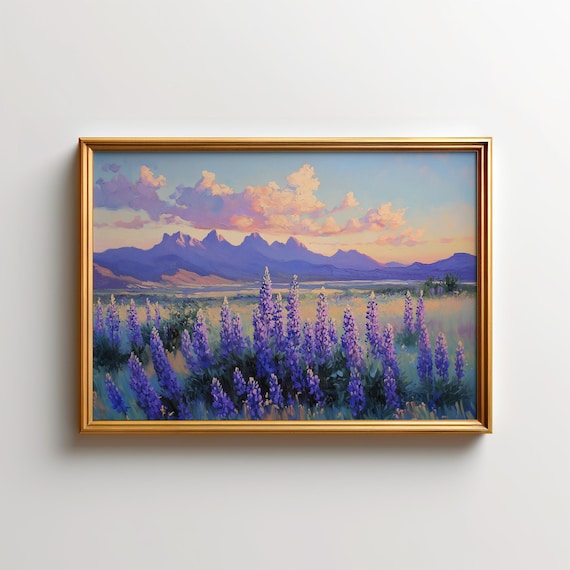 Purple Wildflower Field Desert Mountain Sunset Southwest Landscape Art Poster