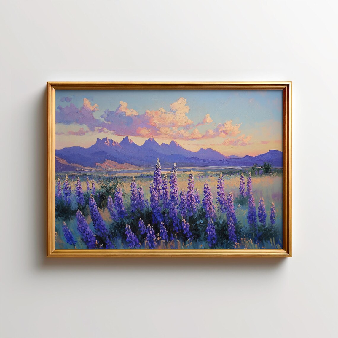 Purple Wildflower Field Desert Mountain Sunset Southwest Landscape Art Poster